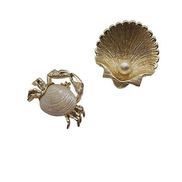 Vtg Gold Tone Shell & Crab Brooch Set Faux Pearl Beach Ocean Cancer Zodiac July - Picture 2 of 16